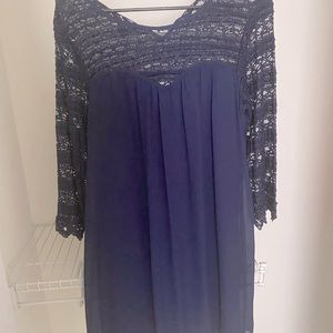 Navy blue dress with lacy shoulders and sleeves